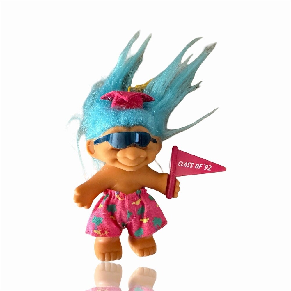 Vintage Russ Troll Doll Class of 1992 Graduation Pennant Blue Hair Shades
